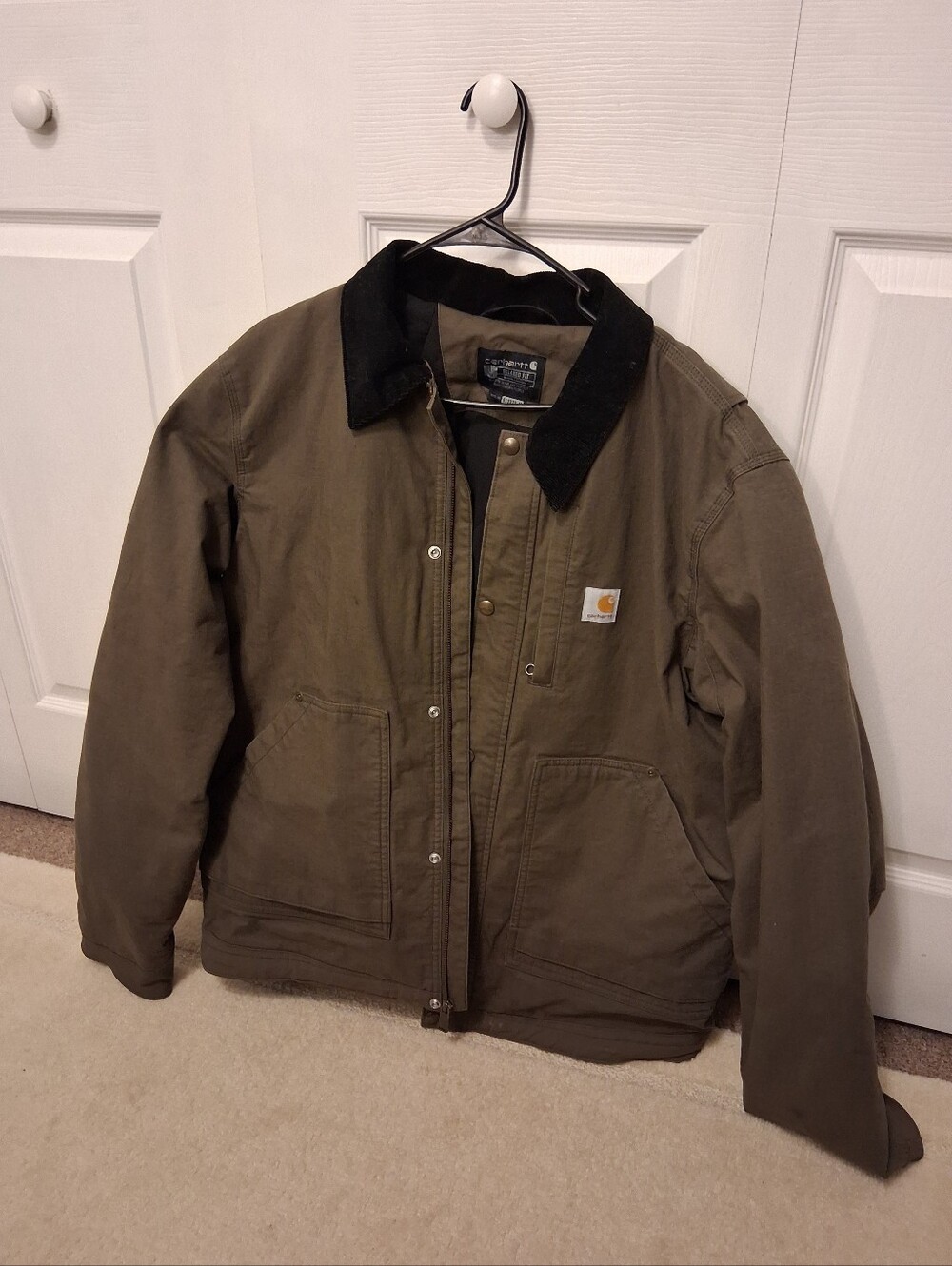 Carhartt Olive Brown Canvas Jacket with Black Corduroy Collar Large Tall